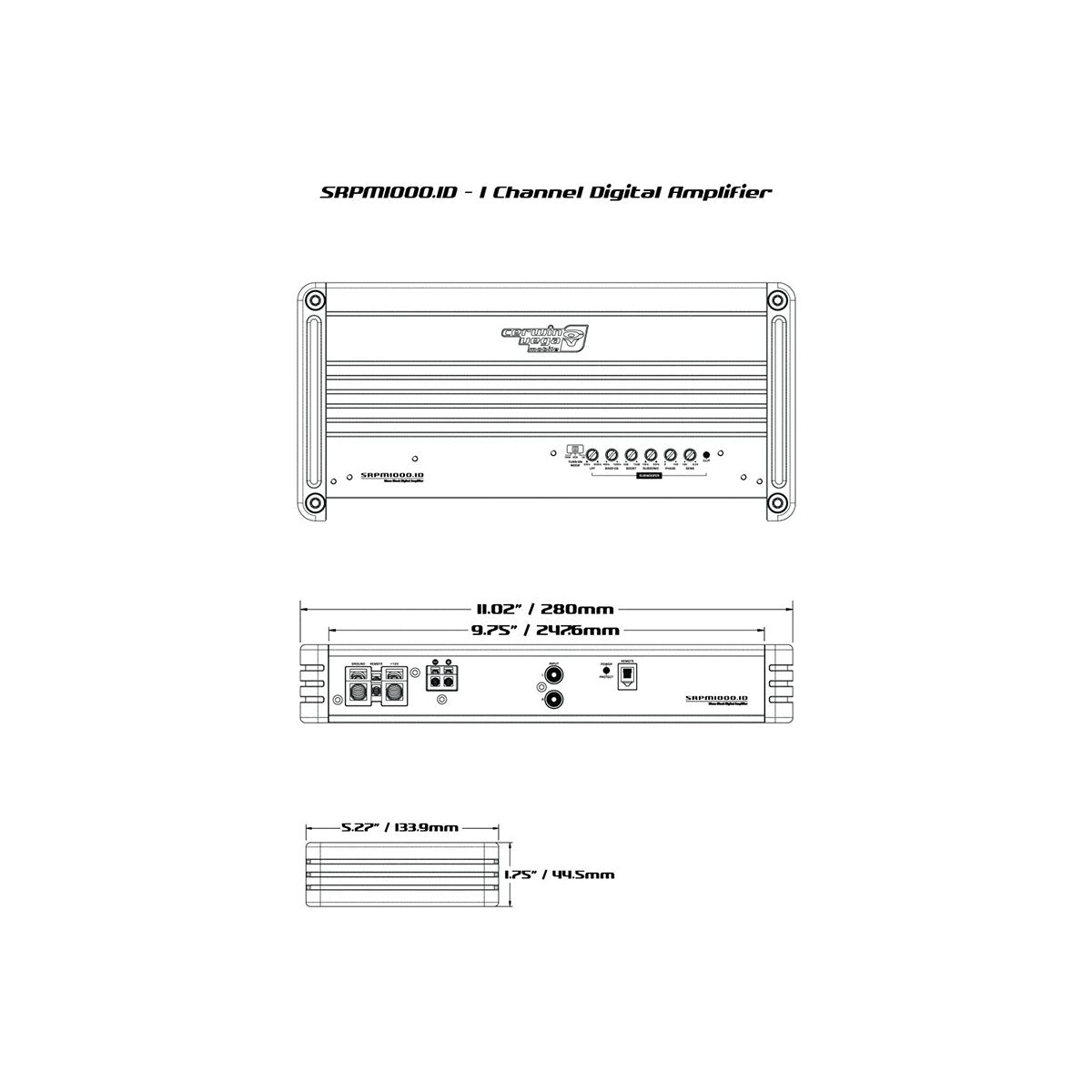 Illustration of the SRPM Stroker 1-Channel Monoblock Class-D Amplifier, model SRPM1000.1DW (White). Dimensions are 11.02