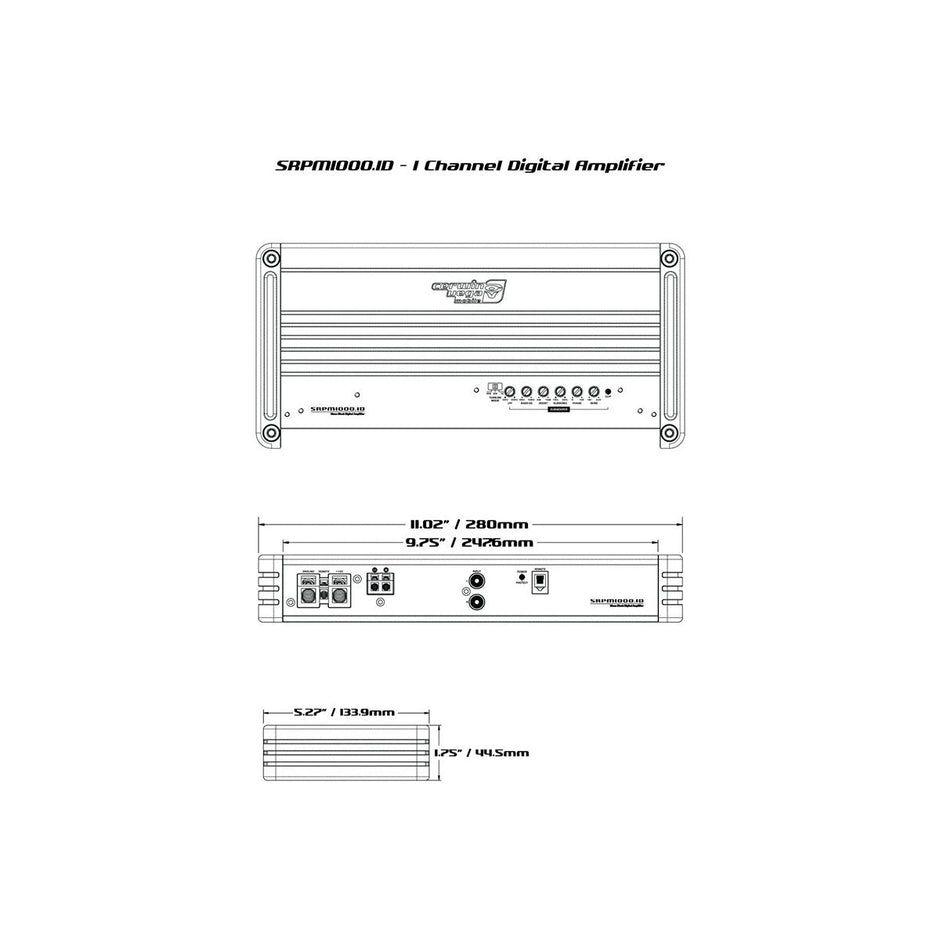 Illustration of the SRPM Stroker 1-Channel Monoblock Class-D Amplifier, model SRPM1000.1DW (White). Dimensions are 11.02