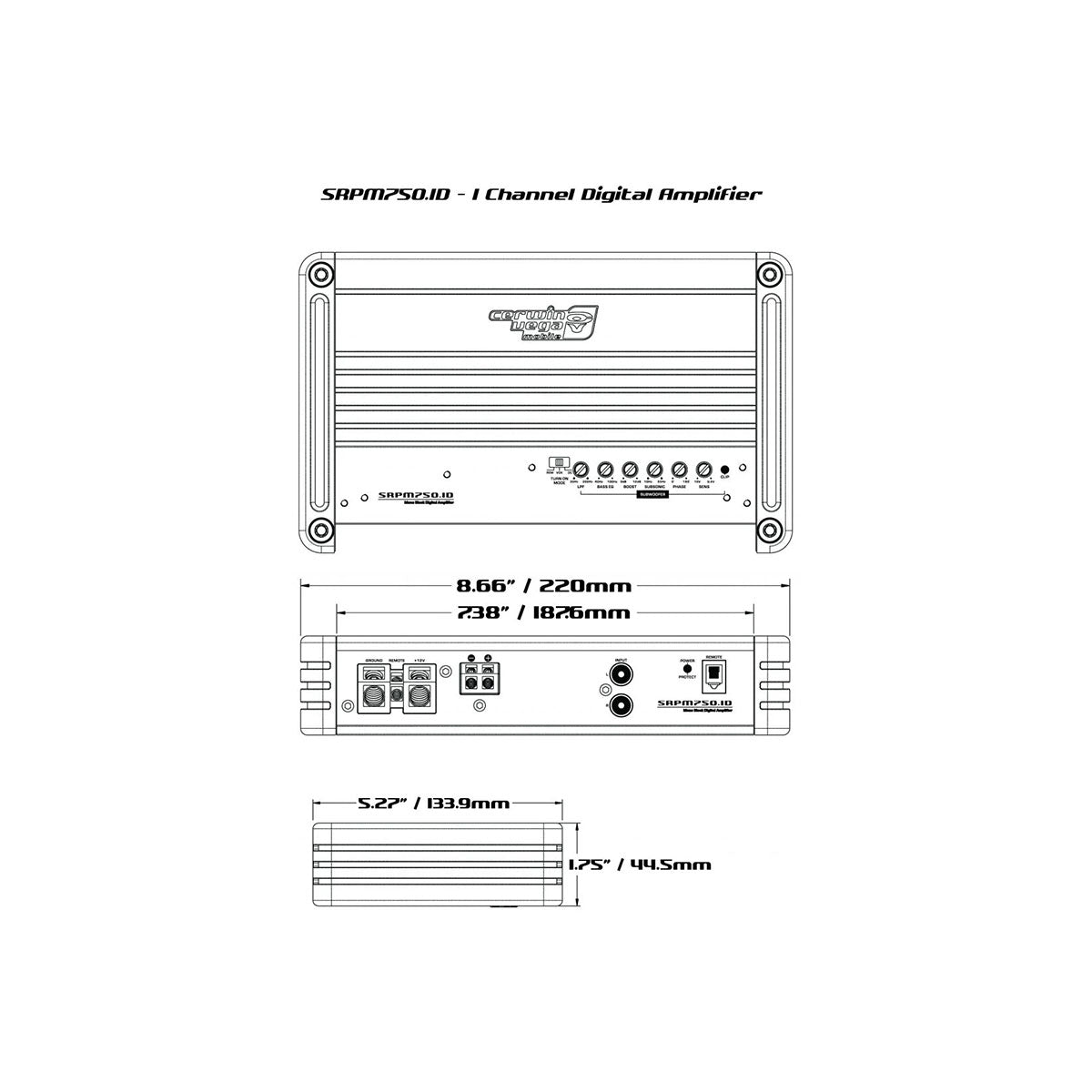 Diagram of the SRPM Stroker Class-D Mono Digital Amplifier (SRPM750.1D) showcases front/rear panel layouts, input/output ports, and buttons. Dimensions are width 8.66