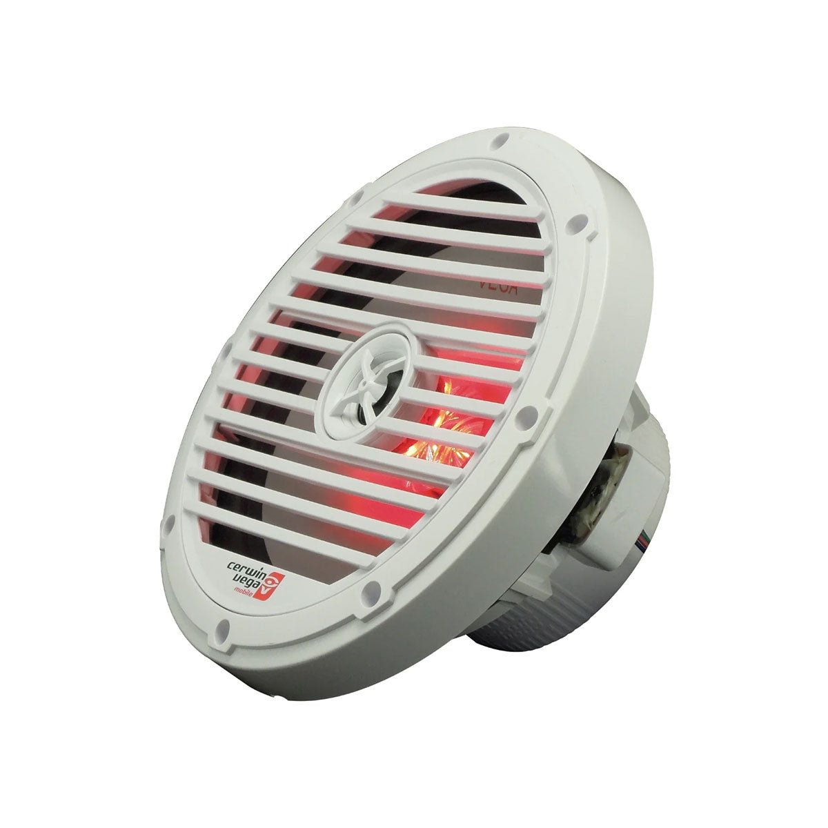 The RPM Vega Marine Speaker is white and circular with a slotted grill design, featuring a glowing red LED light inside. The outer rim displays the 