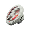 The RPM Vega Marine Speaker is white and circular with a slotted grill design, featuring a glowing red LED light inside. The outer rim displays the 