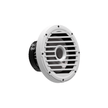 The RPM Series Marine Subwoofer features a white circular grille with horizontal slits and a black body with visible connectors on the left. Designed for marine environments, it emphasizes durability against water exposure while maintaining a sleek, modern look.