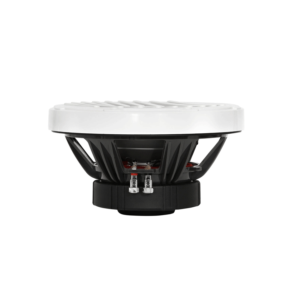 Side view of the RPM Series Marine Subwoofer features a prominently visible white, ridged cone on top, supported by a black metal frame. Two red-wired connection terminals are beneath the frame, with a black cylindrical magnet as its base.