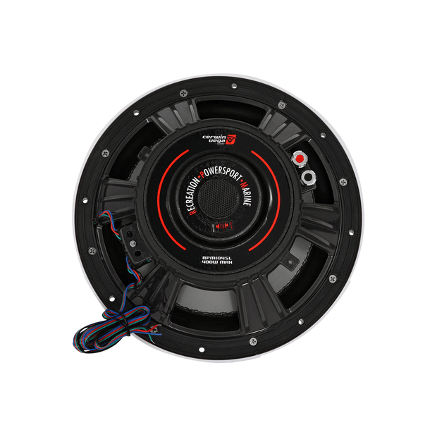 Close-up of the back of a circular black speaker labeled "RPM Series Marine Subwoofer." It has a detailed design, a labeled center, visible wiring with multiple connectors on the right side, and is accentuated by a red ring.