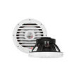 A white RPM Series Marine Subwoofer with protective grills. The front shows 