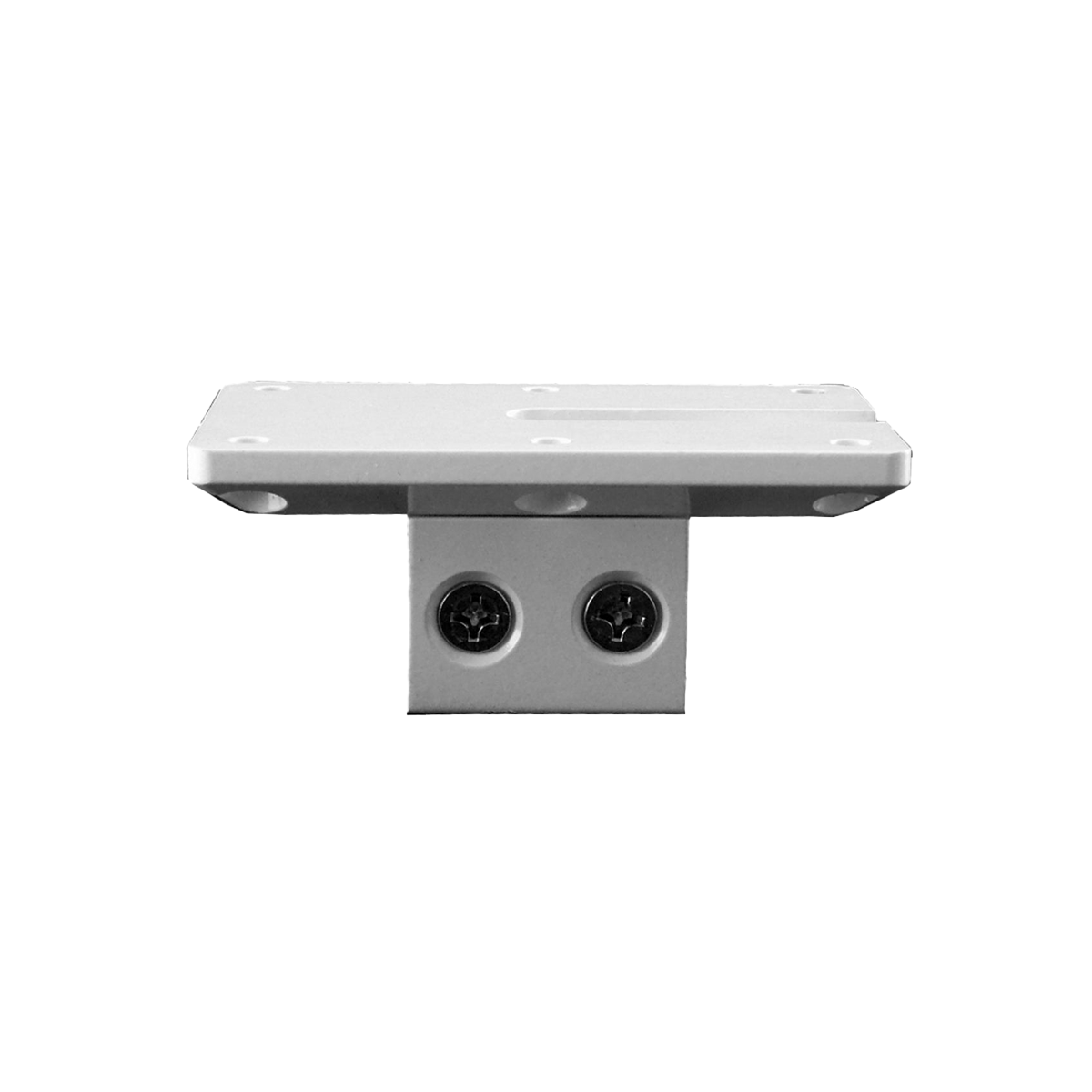 The Cerwin Vega RPM Flat Mount Bracket (RPMFMCWHT) in white is a rectangular metal bracket shown against a white background. It features two visible screw holes on the vertical section and multiple small holes on the upper surface, suitable for marine tower pods or surface/deck mounting.