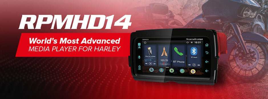 The image features a promo banner for the 2014-2023 Harley Davidson® Plug N-Play Media Receiver - RPMHD14, with a digital screen displaying navigation, music, and phone icons. The text proclaims it as the 