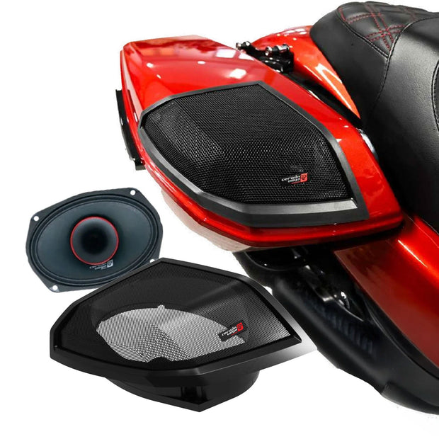 A close-up showcases the 2024+ Harley Davidson® Cut-In Lid Kit with PH694 (4Ω) Speakers - RPMPH694LK24 installed in a motorcycle's red and black rear, highlighting mesh-covered 6x9 horn speakers. Two additional images highlight the speaker cone and mesh cover, proudly displaying the brand logo.