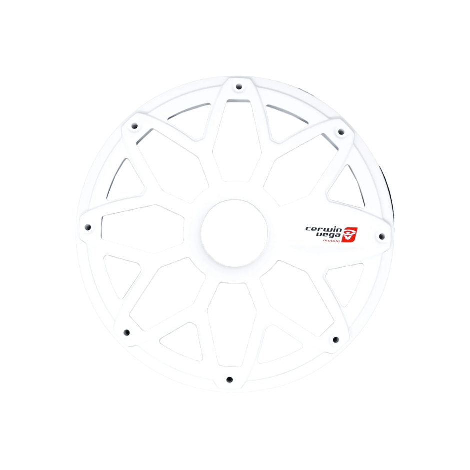 The RPM Stroker 8" Flush Mount Speaker Grill is a steel cover with a white powder coating, designed with a star pattern and multiple radiating spokes. It features "corwin ergo" text, a red logo on one spoke, and has both a central hole and smaller peripheral holes.