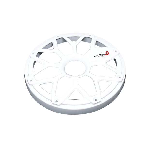 The RPM Stroker 8" Flush Mount Speaker Grill features a geometric, web-like design with a central hole and elongated openings. Made of white circular plastic, it includes a small red and black logo on the upper right. Ideal for vehicle wheels to enhance snow traction.