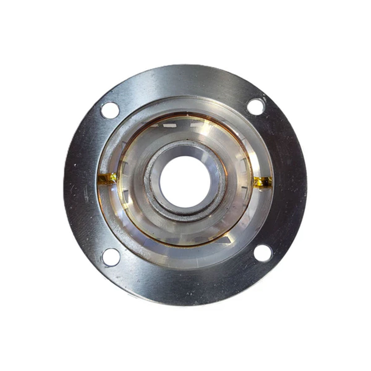 Close-up of a Replacement Tweeter Diaphragm for P75T - PRD75, featuring a central hole and four bolt holes. Inside, visible gears and components gleam with a metallic finish. Its industrial design is reminiscent of PRO SERIES SPEAKERS, standing out against the plain white background.