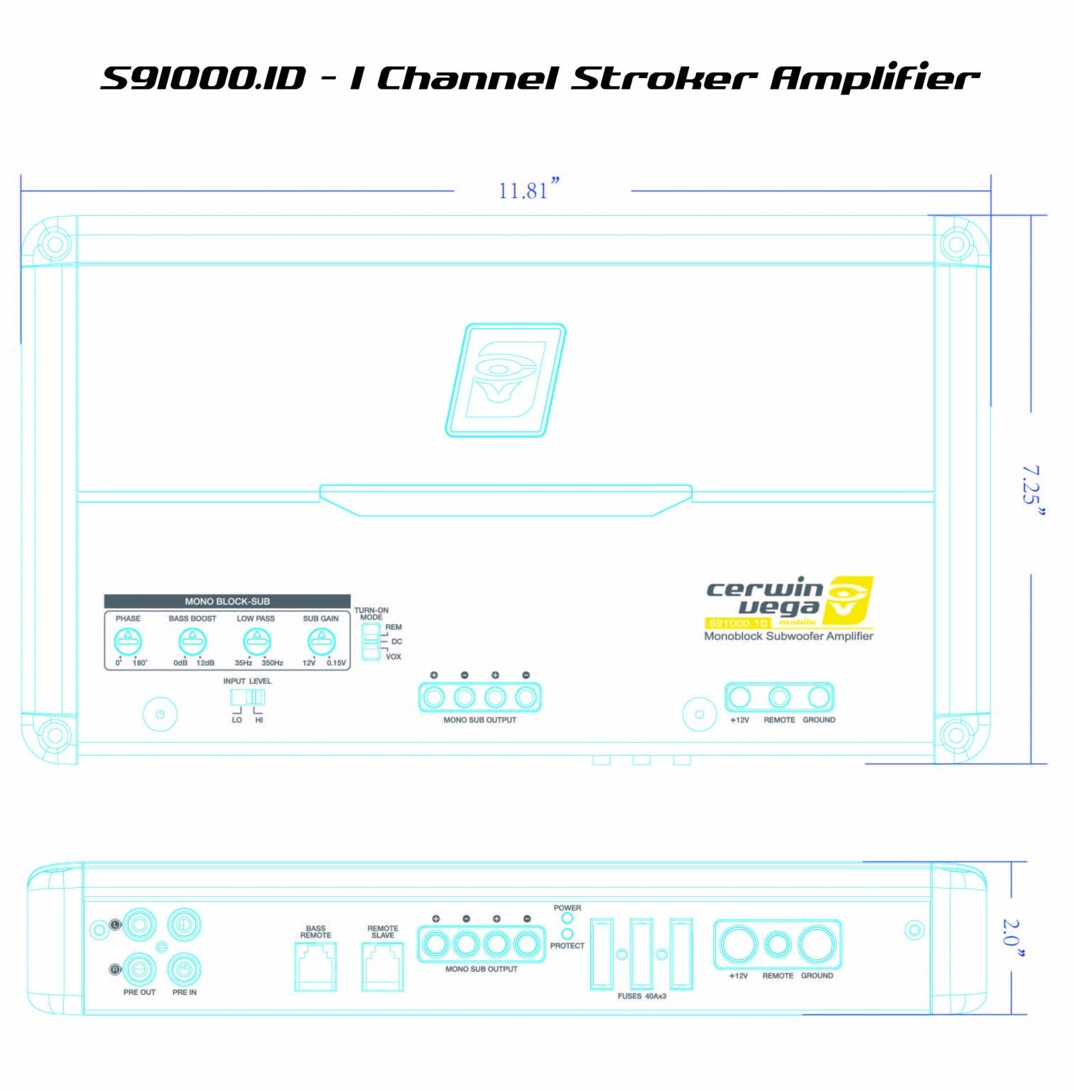 Technical diagram for the Stroker 1000W RMS Full Range Class-D Mono Amplifier-S91000.1D, ideal for SPL enthusiasts. Dimensions: 11.81