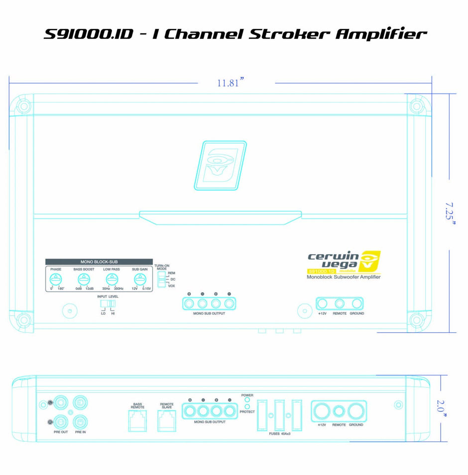 Technical diagram for the Stroker 1000W RMS Full Range Class-D Mono Amplifier-S91000.1D, ideal for SPL enthusiasts. Dimensions: 11.81