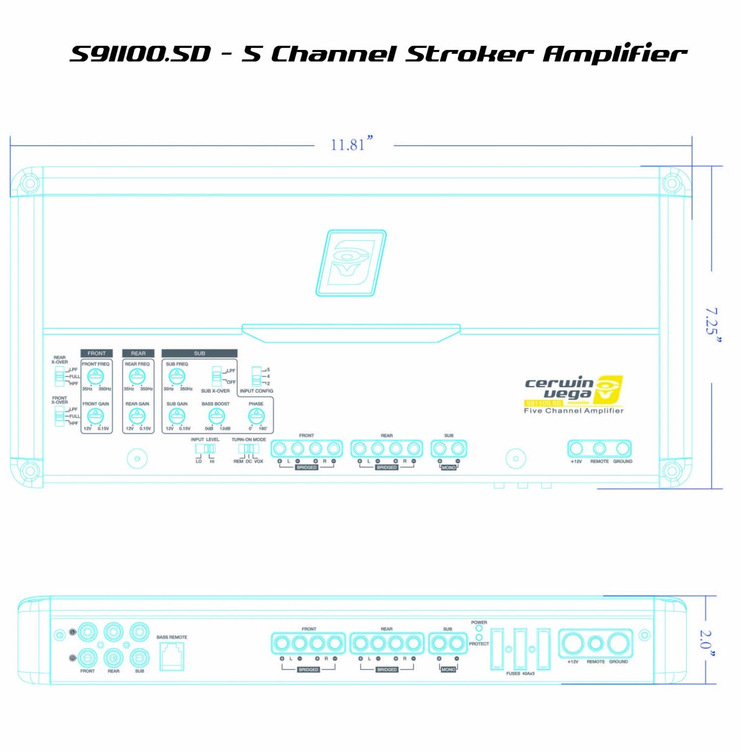 Blueprint-style image of the Cerwin Vega Stroker 5 Channel 1100W RMS Full Range Class-D Amplifier-S91100.5D, ideal for SPL enthusiasts. This amplifier, measuring 11.81 inches by 7.25 inches, features input/output ports, gain controls, and displays the brand and model on top and bottom.