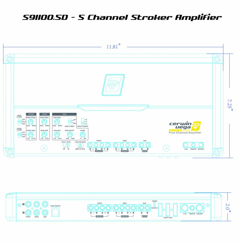 Blueprint-style image of the Cerwin Vega Stroker 5 Channel 1100W RMS Full Range Class-D Amplifier-S91100.5D, ideal for SPL enthusiasts. This amplifier, measuring 11.81 inches by 7.25 inches, features input/output ports, gain controls, and displays the brand and model on top and bottom.