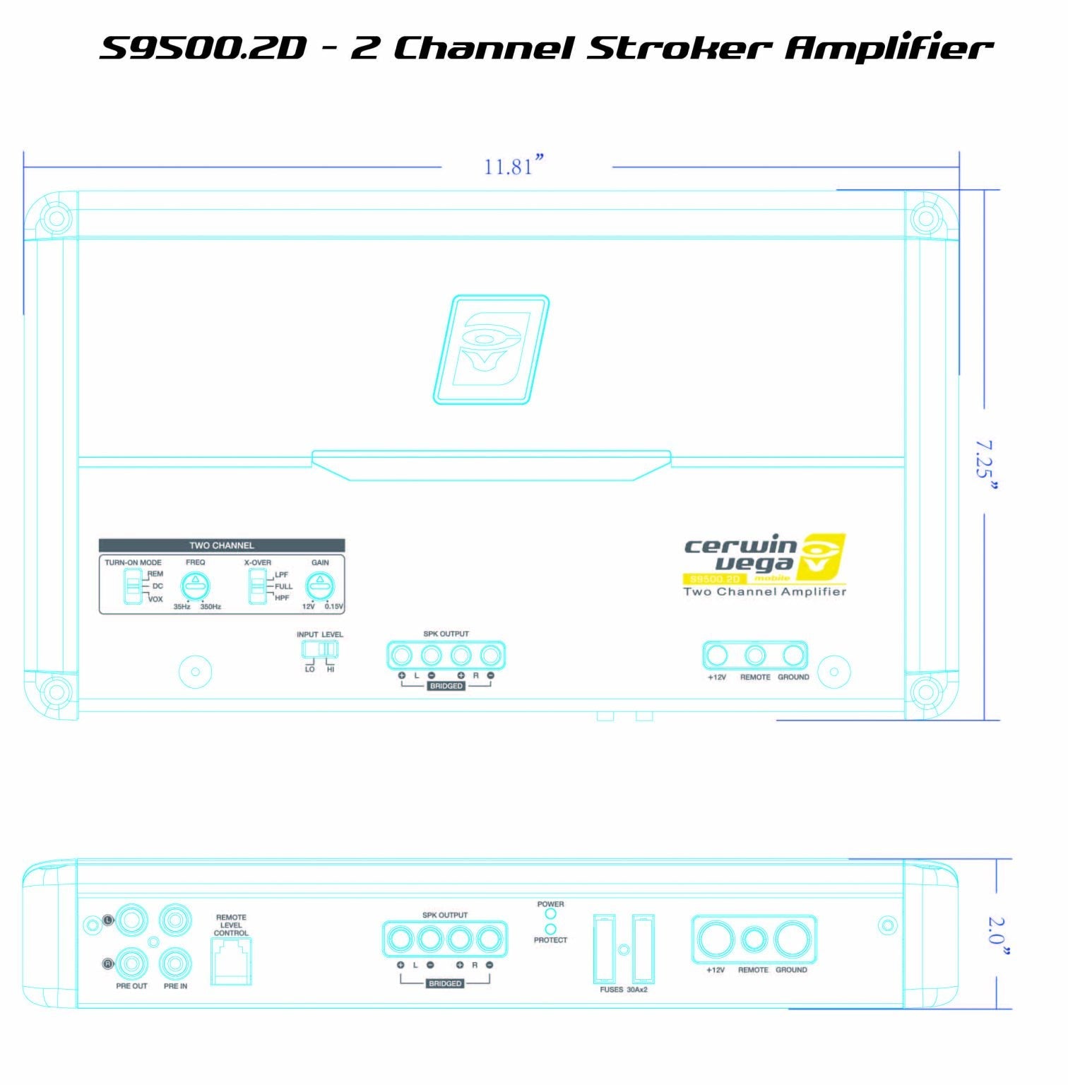 A technical drawing of the Cerwin Vega Stroker 500W RMS Class-D Digital 2 Channel Amplifier-S9500.2D, popular with SPL fans, shows the front and top views with dimensions of 11.81 inches wide and 7.25 inches high, featuring input/output ports, control knobs, and the Cerwin Vega logo.