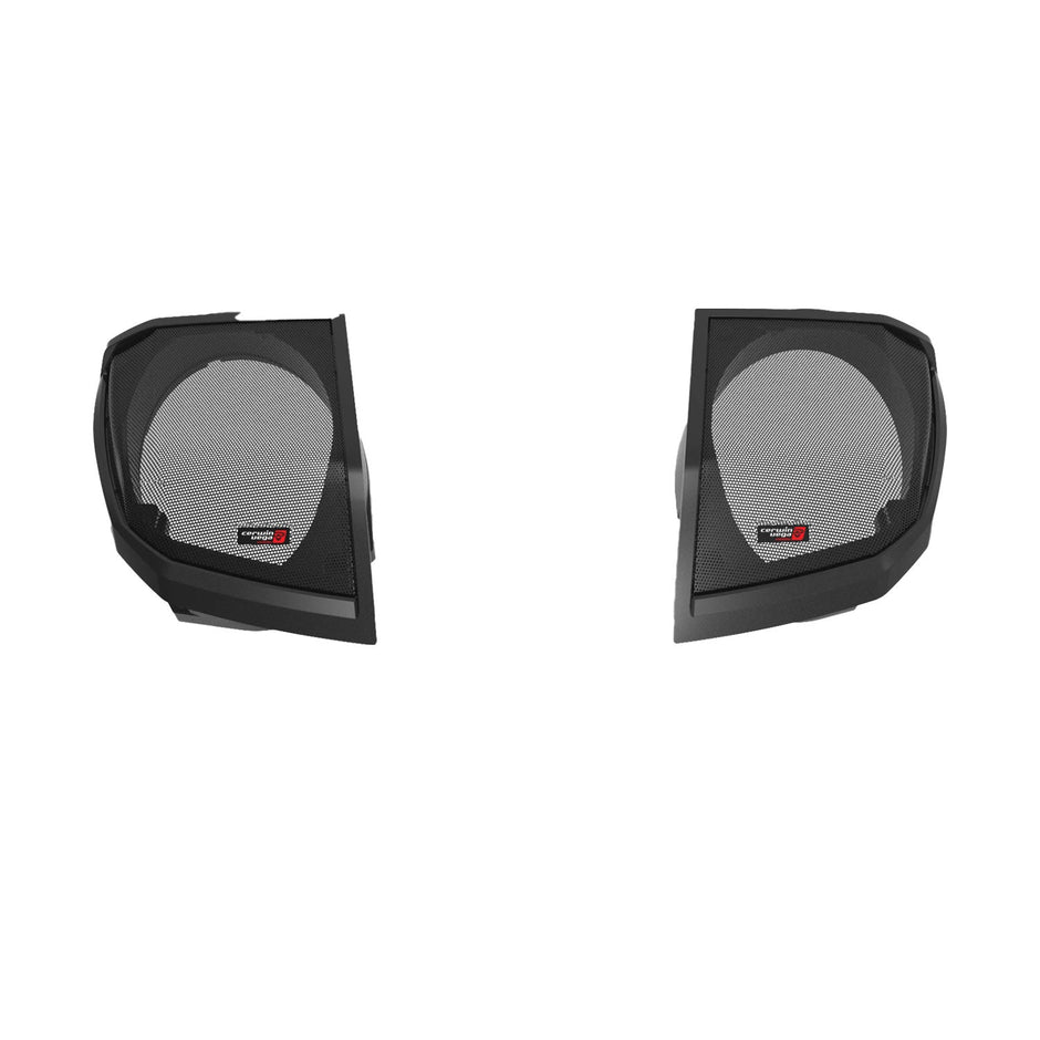 A pair of 2024+ Harley Davidson® Cut-In Lid Kit speakers with a hexagonal mesh cover and Stroker ST692CX2 logo. Positioned facing each other on a white background, they offer style and power for an exceptional audio experience.