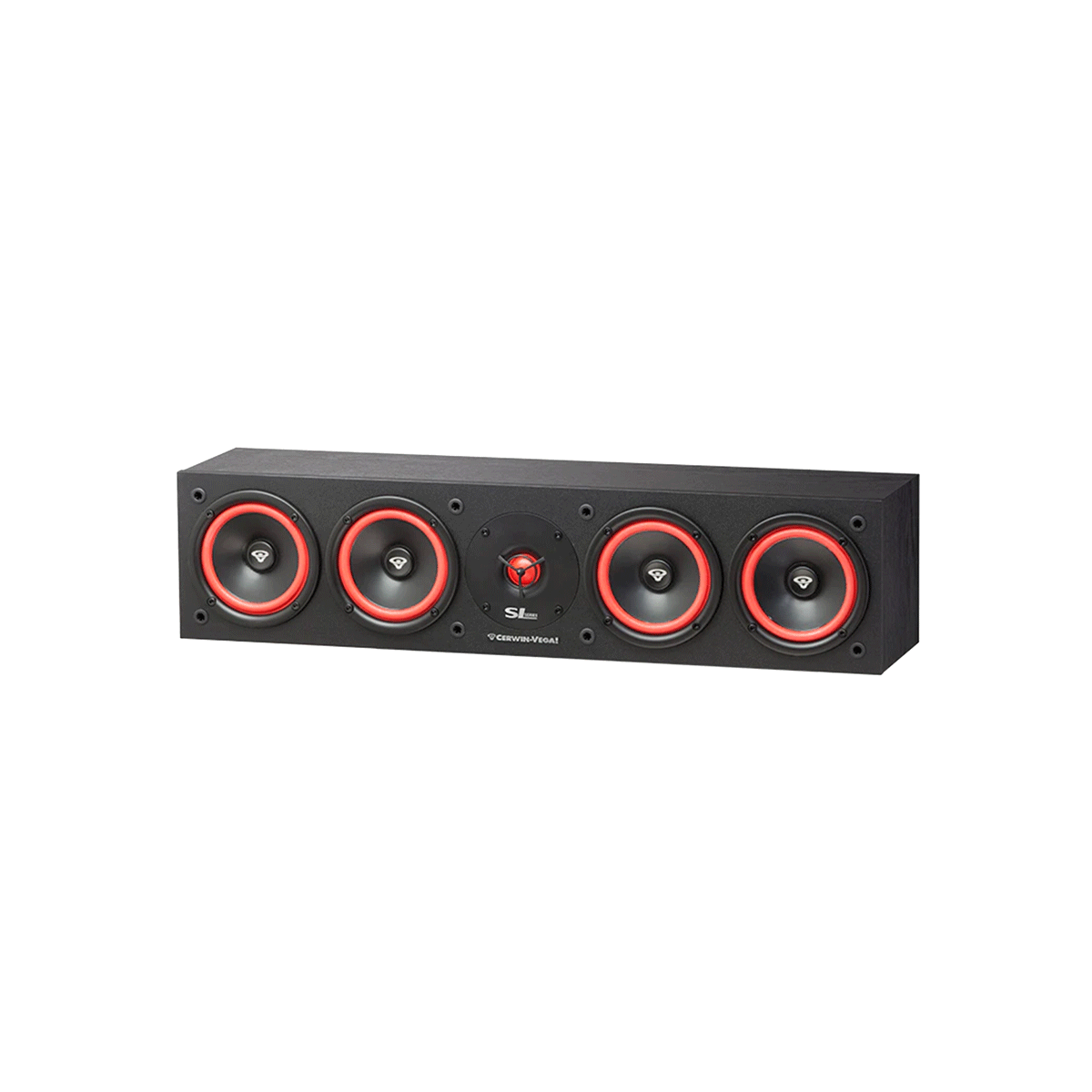The SL-45C from the Cerwin-Vega SL Series is a black rectangular center channel speaker featuring four circular drivers with red rings and silver centers, spaced evenly with a logo and 