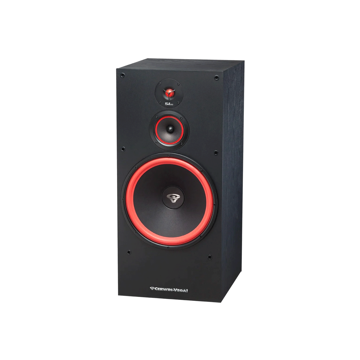 The SL-15 from the SL Series is ideal for home audio lovers, featuring a robust rectangular design with a tall black cabinet, large woofer with red trim, mid-range driver, and tweeter. The iconic 