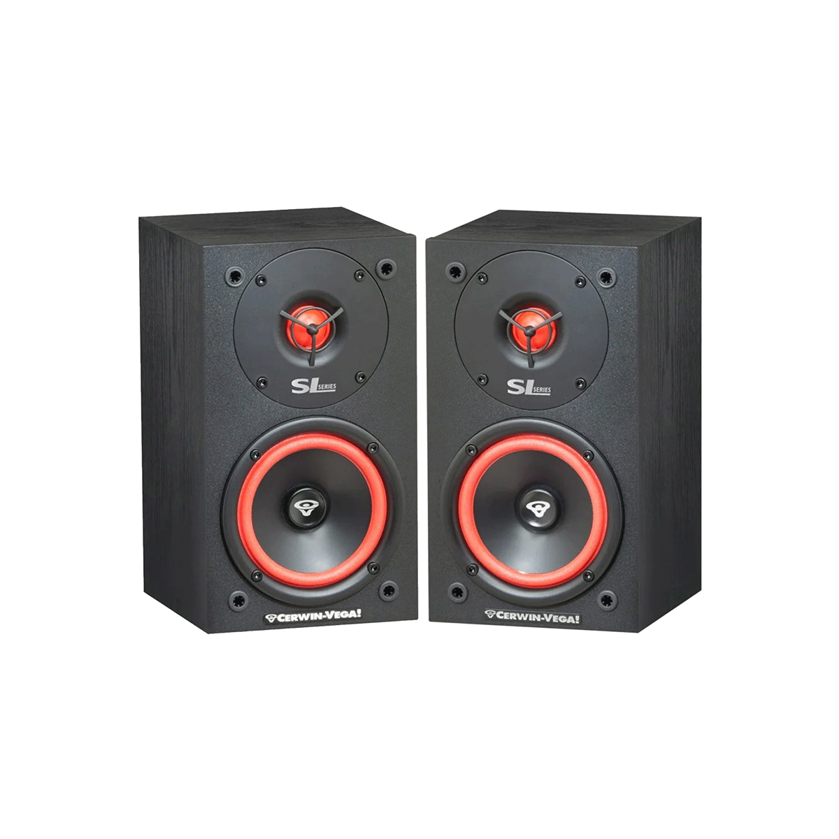 A pair of SL Series Home Speakers, featuring black cabinets with a wooden finish and red-accented woofers. Positioned side by side, each showcases the brand logo and 