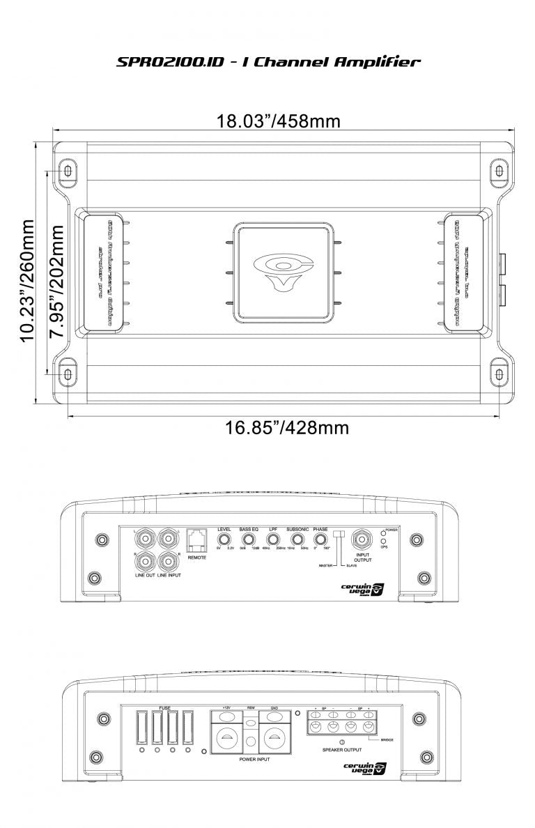 Technical diagram of the Cerwin Vega Stroker Pro 2100W RMS Class-D Mono Amplifier-SPRO2100.1D shows dimensions of 18.03 x 7.95 inches from the top view, input and control ports on the front for SPL enthusiasts, and cooling fins on the side view with measurements in inches and millimeters.
