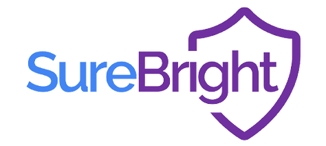 The image features the logo for "Product Warranty Powered by SureBright," with "Sure" in blue and "Bright" in purple. A purple shield outlines "Bright," symbolizing protection and security, with a modern sans-serif font.