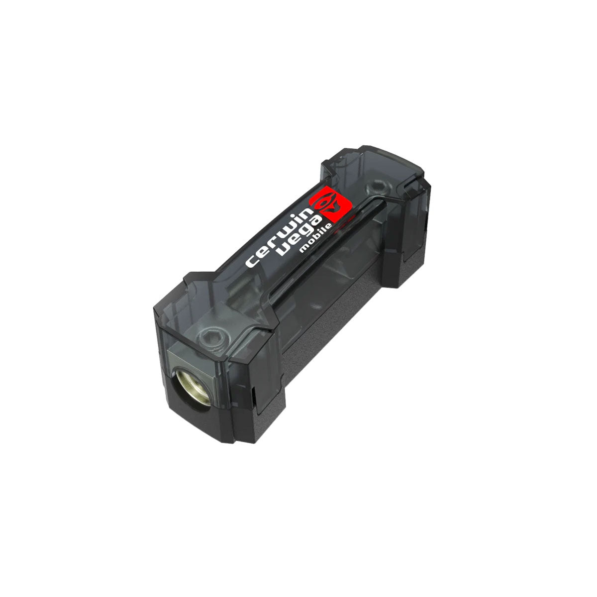 The Single Fuse Mounted AGU Fuse Holder with Cover - CAGU200 is transparent and cylindrical, branded 