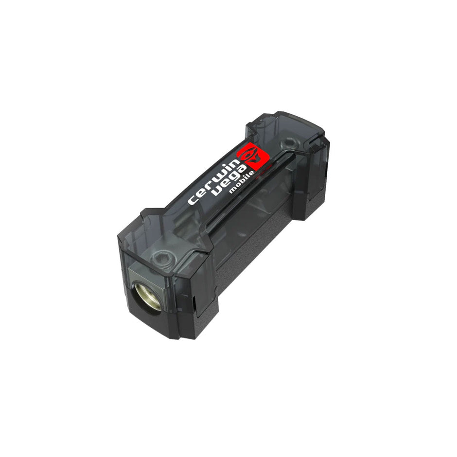 The Single Fuse Mounted AGU Fuse Holder with Cover - CAGU200 is transparent and cylindrical, branded 