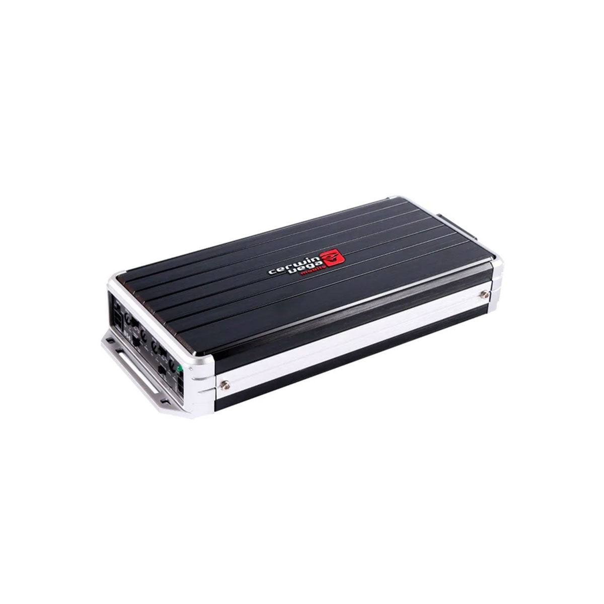 The Stealth Bomber Class-D 4 Channel Digital Amplifier-B54 by Cerwin Vega is a black, rectangular car audio amplifier with silver edges. Its top has a red and white logo with the brand name 