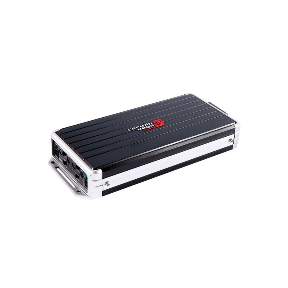 The Stealth Bomber Class-D 4 Channel Digital Amplifier-B54 by Cerwin Vega is a black, rectangular car audio amplifier with silver edges. Its top has a red and white logo with the brand name 