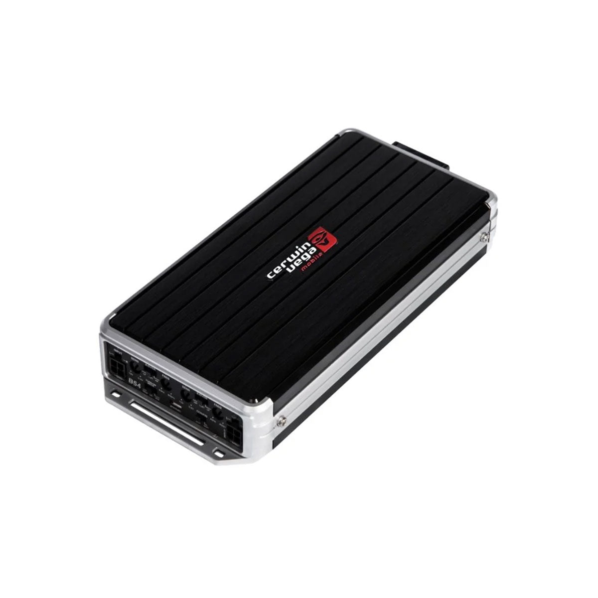 The Stealth Bomber Class-D 4 Channel Digital Amplifier-B54 by Cerwin Vega is a compact black audio amplifier with a sleek, ribbed design and silver edges. It features a red logo and 
