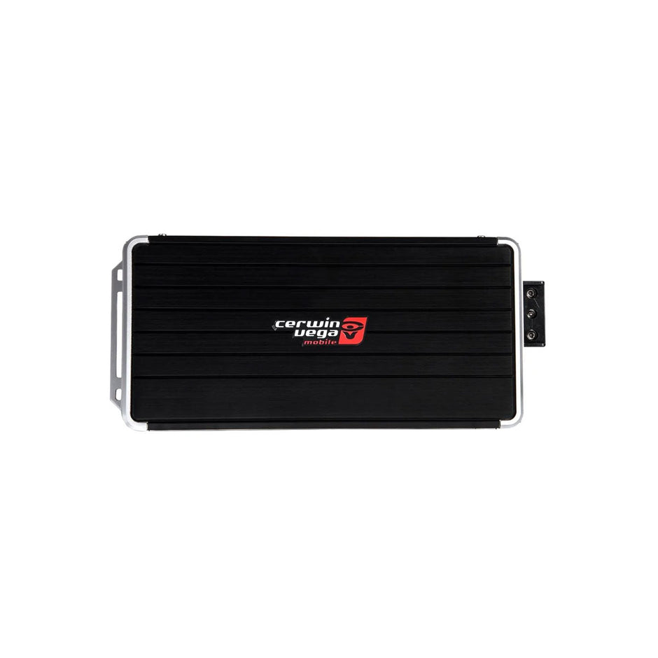 The Stealth Bomber Amplifier is a black, rectangular Cerwin Vega mobile audio amplifier with a ridged texture. It has the Cerwin Vega logo in white and red at the center, along with silver edging and a small control panel on its right side, set against a plain white background.