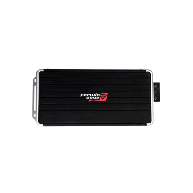The Stealth Bomber Amplifier is a black, rectangular Cerwin Vega mobile audio amplifier with a ridged texture. It has the Cerwin Vega logo in white and red at the center, along with silver edging and a small control panel on its right side, set against a plain white background.