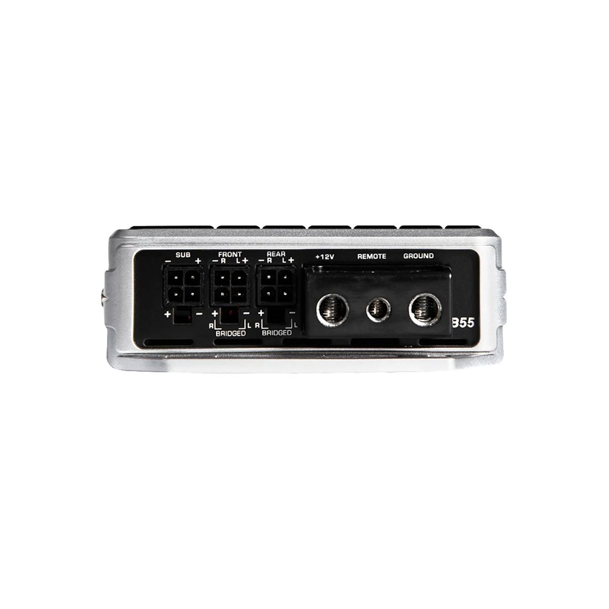 Back view of the Stealth Bomber Amplifier in silver and black. It has multiple labeled ports for subwoofer, front, rear, 12V power, remote, and ground connections with small black terminal blocks for wires. The model number 