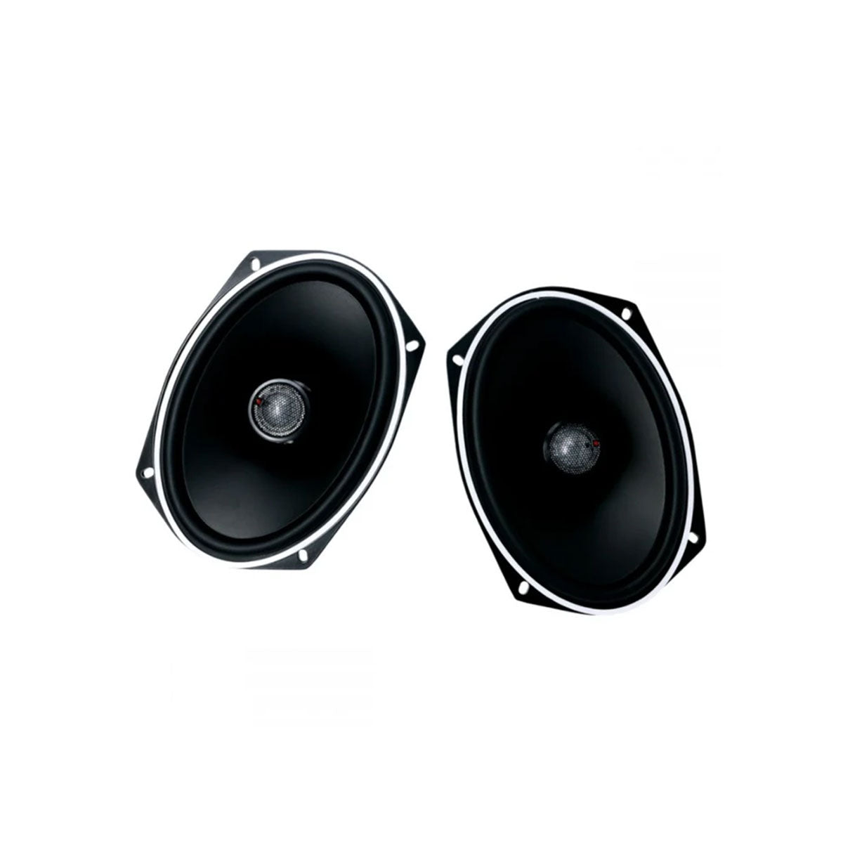 Against a white background, two Stroker Pro Coaxial speakers in black with silver accents are displayed. Each speaker features a central cone and four edge mounting holes, suggesting they are designed for vehicle audio systems.