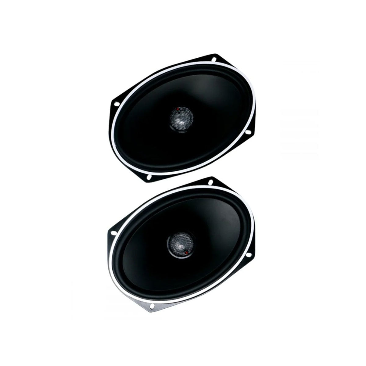 The Stroker 6”x9” 2-Way Coax Speakers (ST692CX2) feature black ovals with a central cone and silver rim. Set diagonally on a white background, their sleek design showcases high-performance car audio, including an advanced titanium dome tweeter.