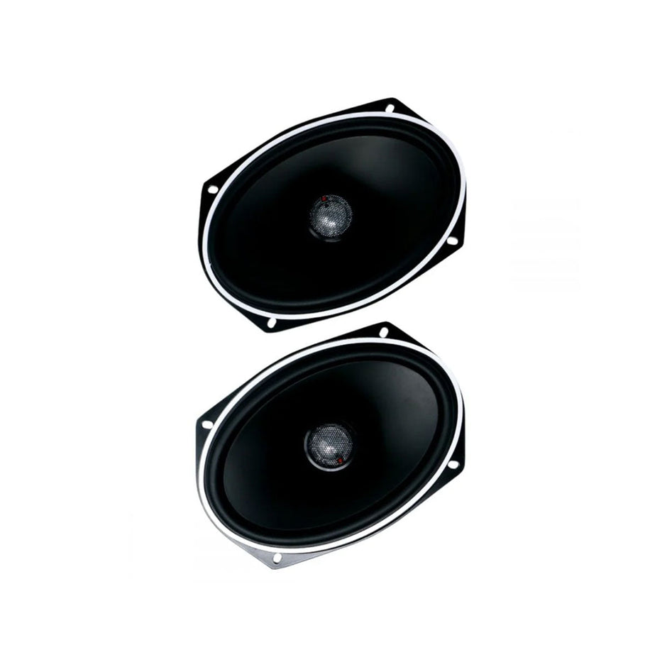 The Stroker 6”x9” 2-Way Coax Speakers (ST692CX2) feature black ovals with a central cone and silver rim. Set diagonally on a white background, their sleek design showcases high-performance car audio, including an advanced titanium dome tweeter.