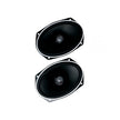 The Stroker 6”x9” 2-Way Coax Speakers (ST692CX2) feature black ovals with a central cone and silver rim. Set diagonally on a white background, their sleek design showcases high-performance car audio, including an advanced titanium dome tweeter.