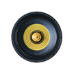 A round black speaker featuring a yellow diaphragm at its center, surrounded by a ribbed texture, showcases the power of SPL Subwoofer tech. The circular label reads 
