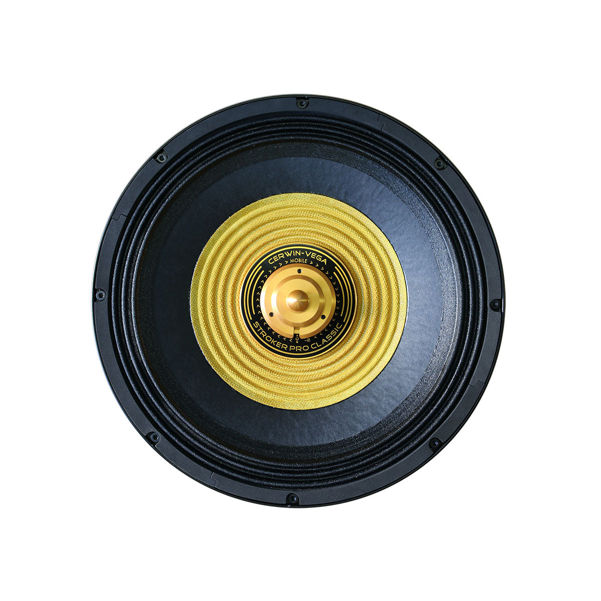 Close-up of a Cerwin-Vega speaker cone. It has a black outer rim with concentric circles. The inner cone is distinct yellow, featuring the Cerwin-Vega logo and 