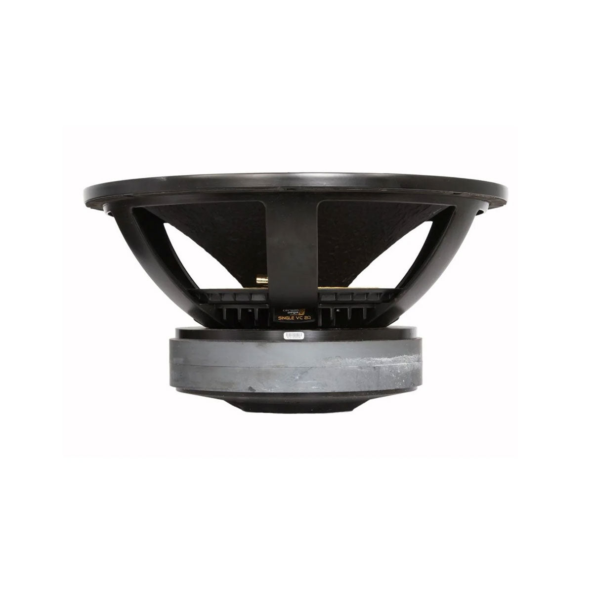 Side view of the Stroker Pro Classic Subwoofer in black, highlighting its large round frame with visible support struts. The metal and plastic components emphasize its robust build for deep bass. Set against a plain white background, the speaker's design stands out clearly.