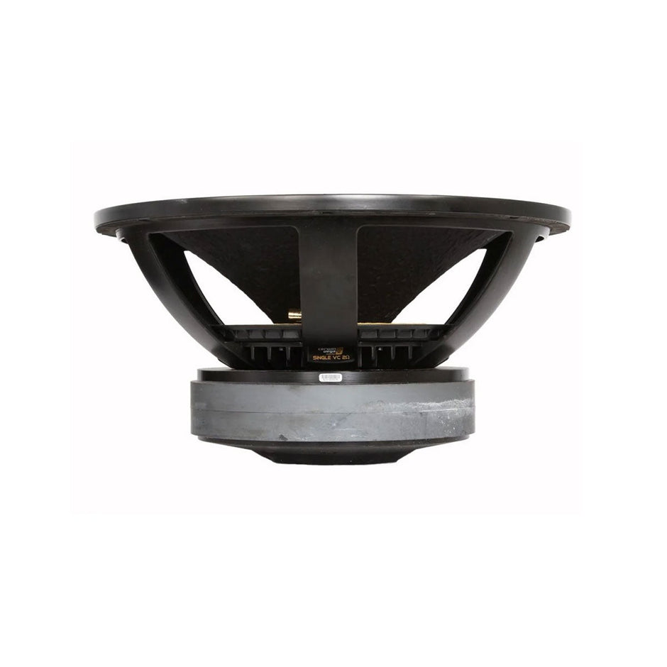 Side view of the Stroker Pro Classic Subwoofer in black, highlighting its large round frame with visible support struts. The metal and plastic components emphasize its robust build for deep bass. Set against a plain white background, the speaker's design stands out clearly.