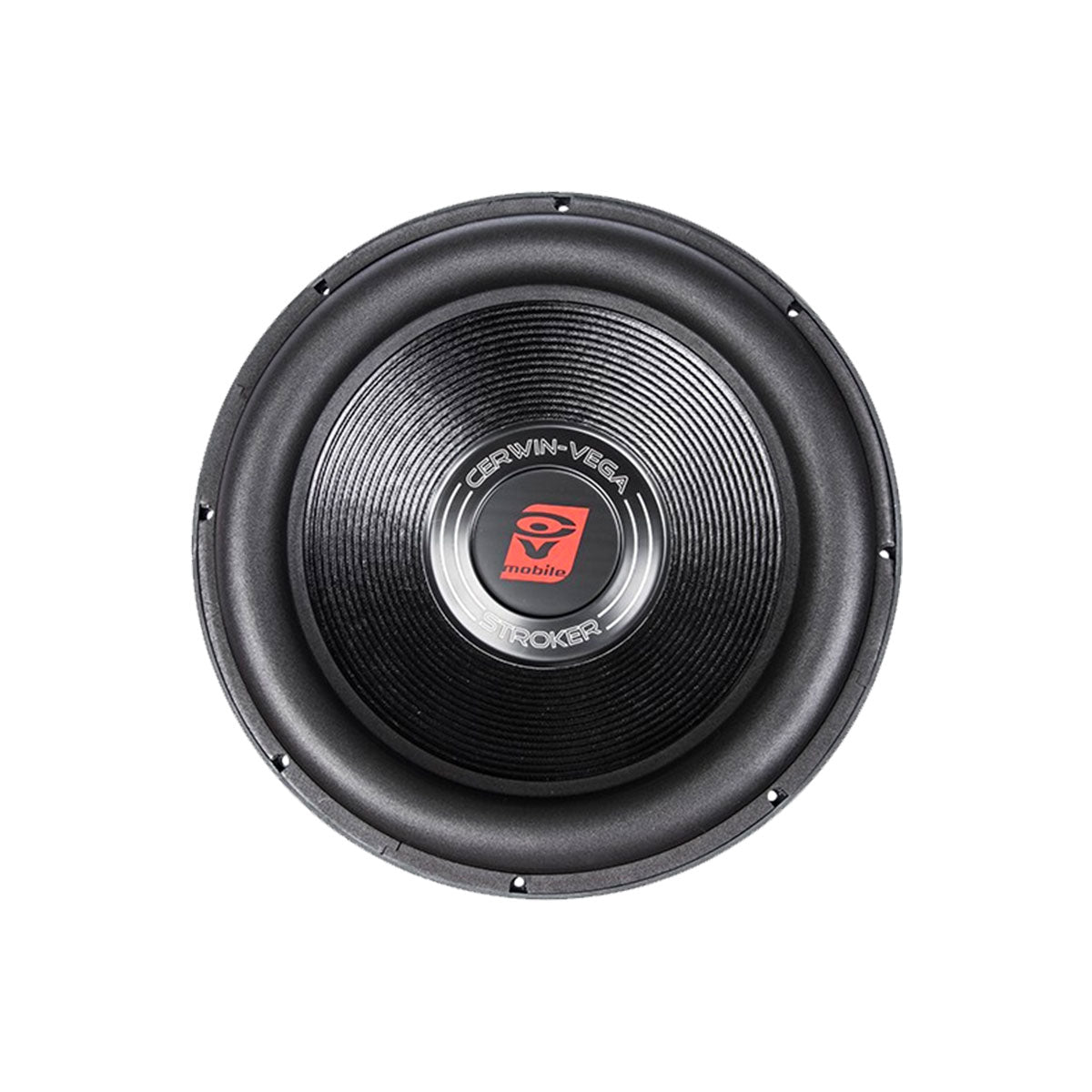 The Stroker Series 10 Inch Subwoofer (Model: ST102D) features a black and silver ribbed cone design, a red 