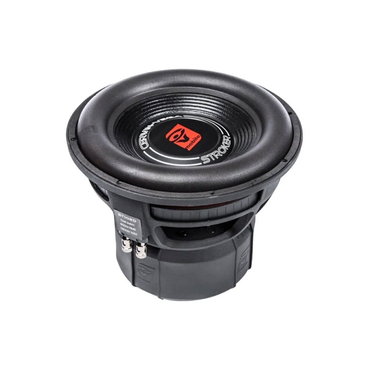 The Stroker Series 10 Inch Subwoofer - ST102D features a black, round dome with a ridged edge and a red 