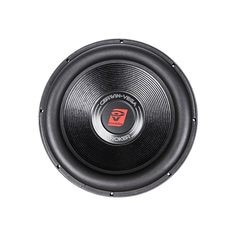 The Stroker Series 10 Inch Subwoofer (ST104D) showcases superior car audio performance with its round black design, ribbed texture, and bold red 