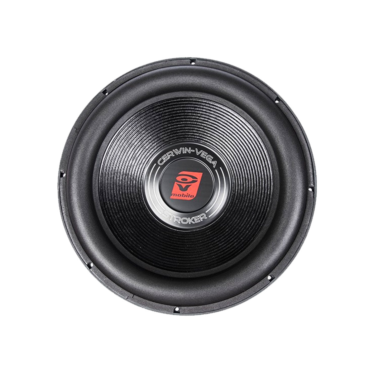 Close-up of the Stroker Series 12 Inch Subwoofer - ST124D by Cerwin-Vega, featuring a ribbed cone and dark frame. The circular central label displays 