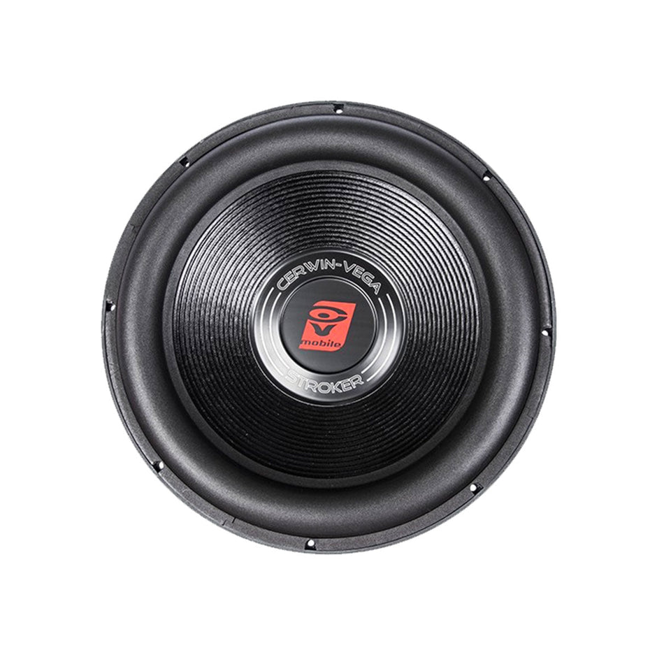 A black subwoofer with visible cone and surround features red and white 