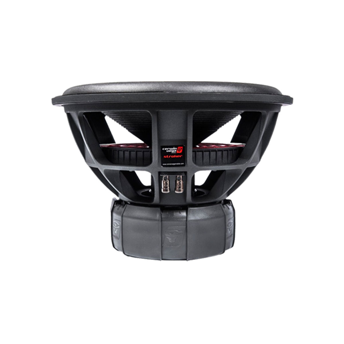 A black Stroker Series Subwoofer viewed from the side on a white background, showcasing its circular design with visible wiring and components, including a large magnet at the base. Brand logo and model details appear on the side.