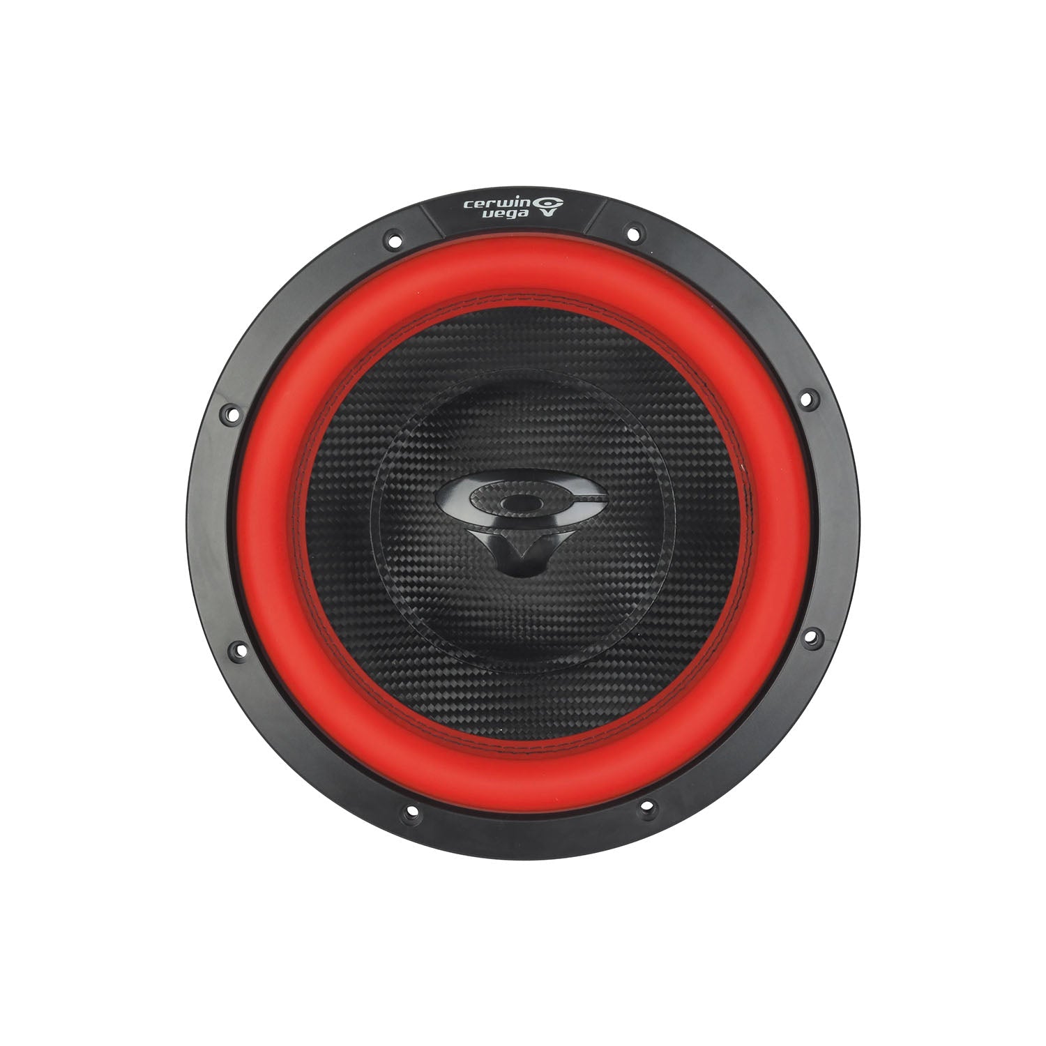The Vega 2025 Edition Subwoofer by Cerwin Vega features a black and red design with a black central cone, textured pattern, and small bolts. The red outer ring complements the black frame and center grille, which displays a white logo. It’s a 10