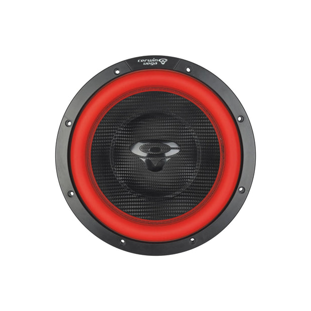 The Vega 2025 Edition Subwoofer by Cerwin Vega features a black and red design with a black central cone, textured pattern, and small bolts. The red outer ring complements the black frame and center grille, which displays a white logo. It’s a 10" 2Ω DVC subwoofer, model V10DV2.
